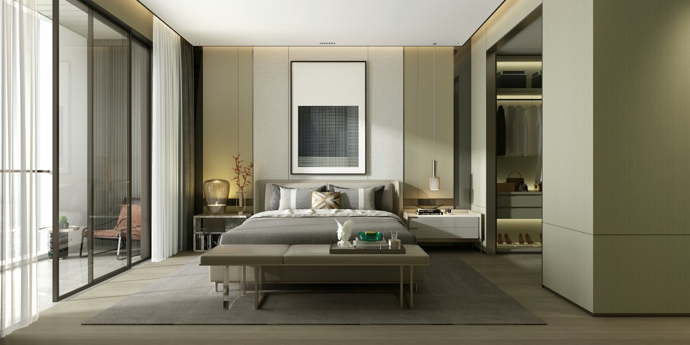 Calm, modern bedroom with large windows