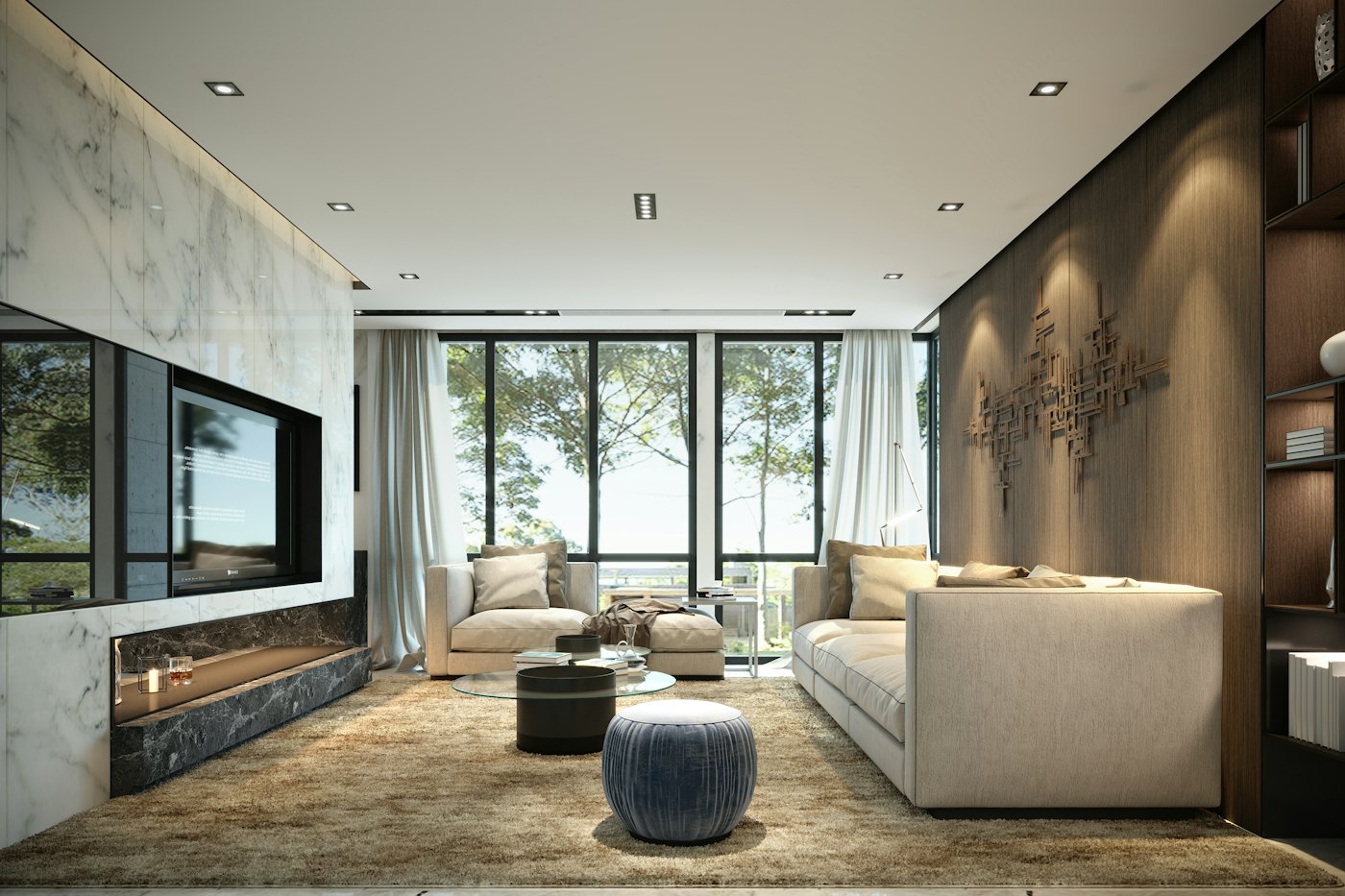 Bright, modern apartment living room with floor-to-ceiling windows