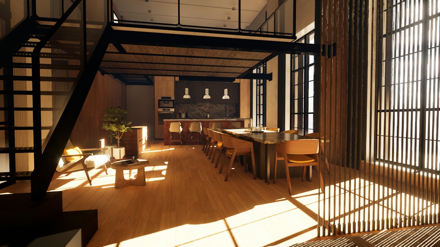 Open-plan loft apartment with kitchen and dining area